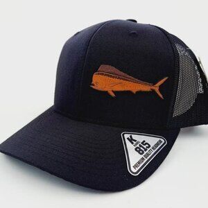 Mahi Mahi Tuna Fishing Leather Patch Hat Cap Kamel 815 Mesh Snapback Black New